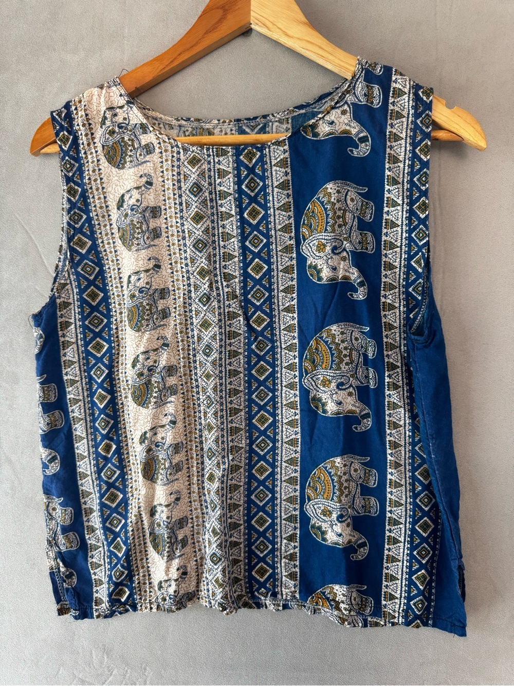 Boho Elephant Tank Top M/L Blue Tribal Print Sleeveless Festival Blouse
